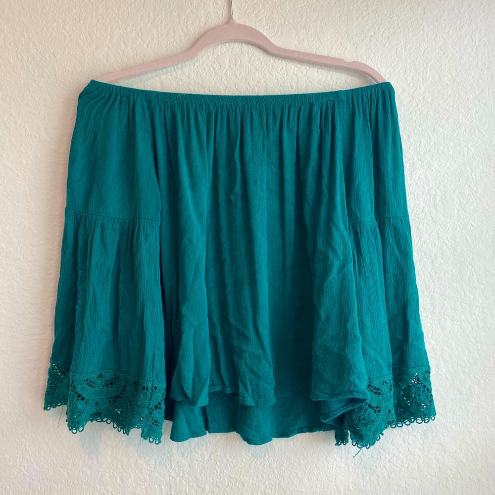 off the shoulder top with lace trim on sleeves